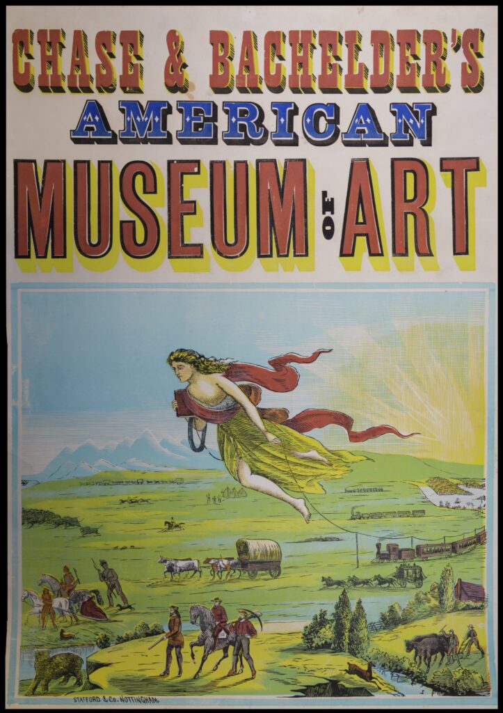 Image of a flying woman laying telephone wire from East to West across a landscape dotted with frontiersmen, trains, covered wagons, stage coaches, American Indians, and animals.
