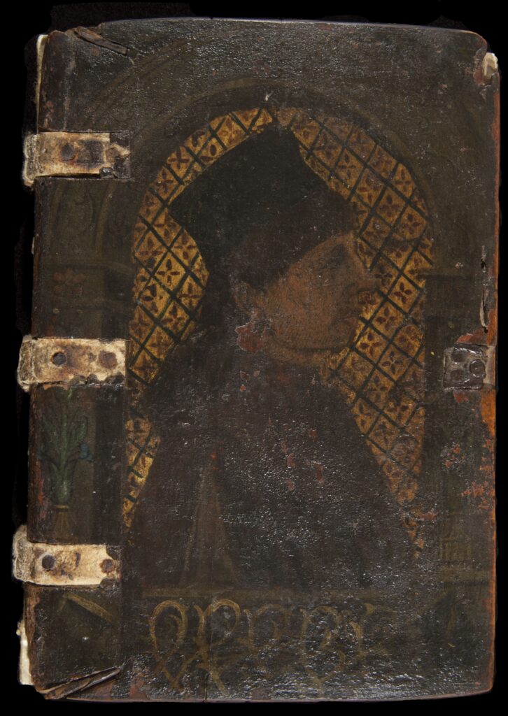 Cover of an early printed book decorated with a profile portrait of a man.