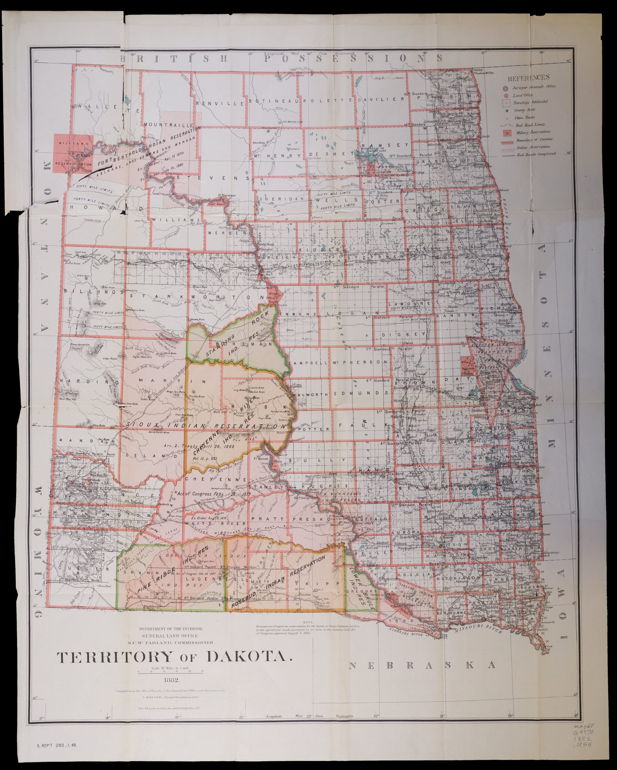 Map of the Dakota Territory indicating locations of various American Indian reservations