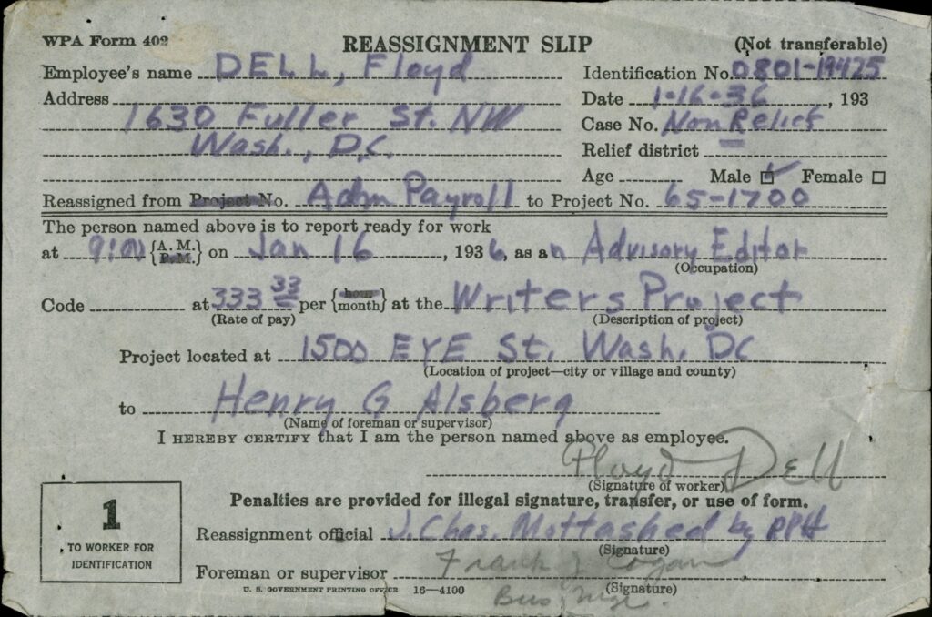 Reassignment Slip for Floyd Dell that identifies him as an advisory editor to the Writers Project.