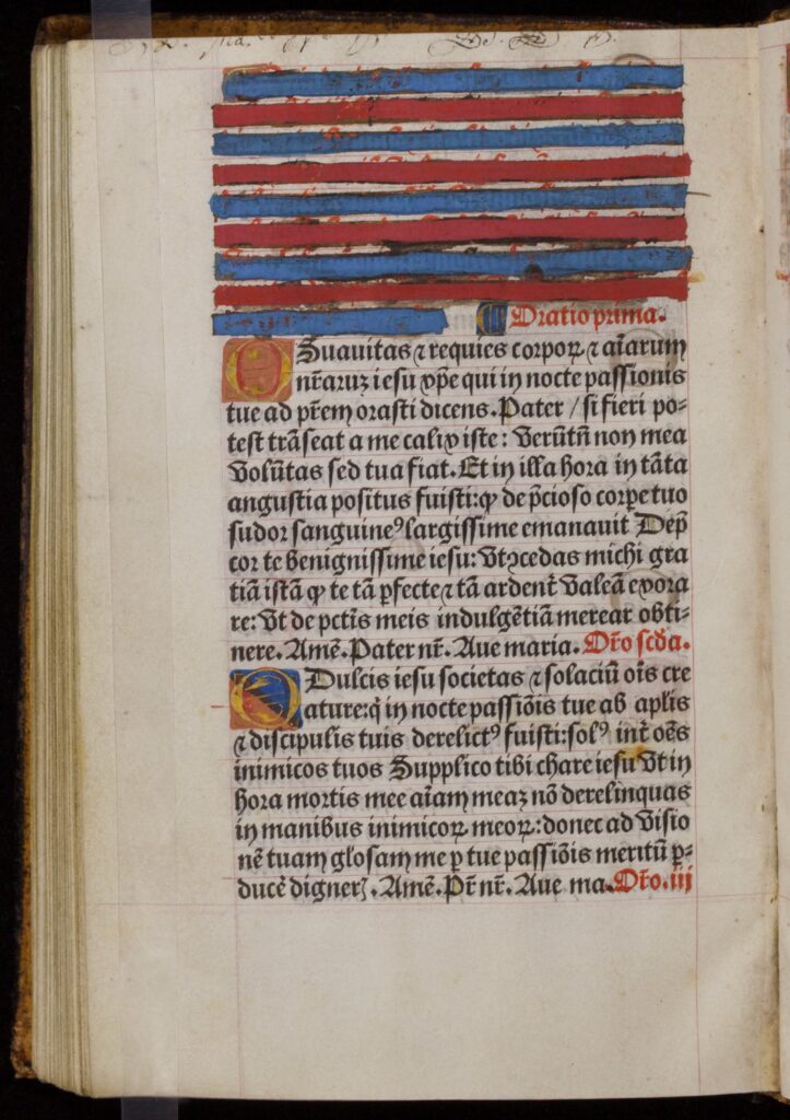 Single page of a hand-written medieval manuscript with the first eight- and one-half lines obscured with colored ink to make them unreadable.