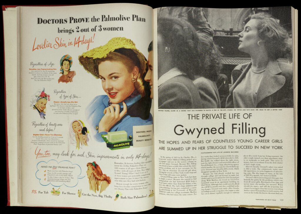 Opening page of the article with title "The Private Life of Gwyned Filling: The Hopes and Fears of Countless Young Career Girls are Summed Up in Her Struggle to Succeed in New York" with photo of Filling in a crowd of other women.