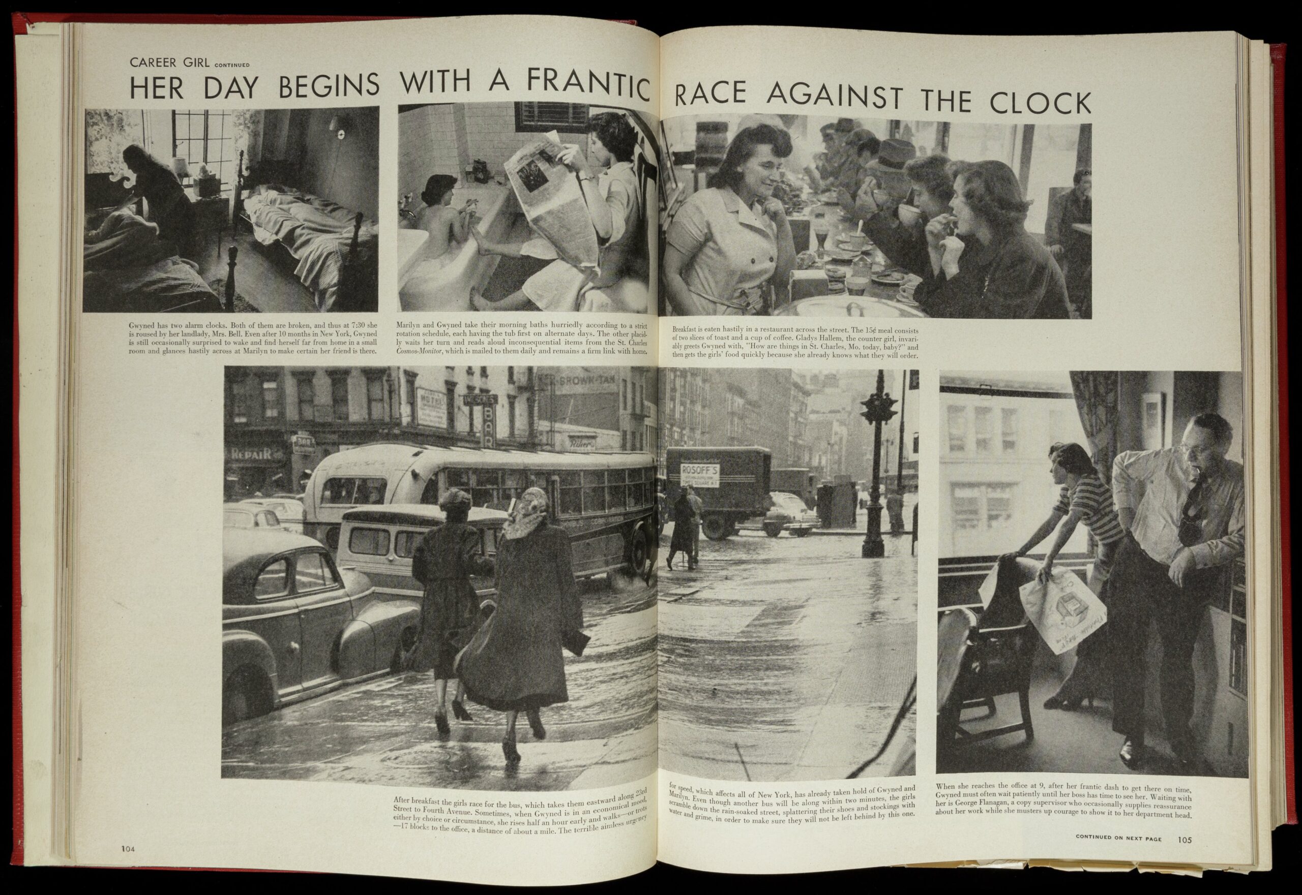 Two-page spread entitled "Her Day Begins with a Frantic Race Against the Clock." Photos of Filling at a lunch counter, in a office with a man, walking on the sidewalk, in her bedroom, and reading in the bathroom (clockwise from top right).