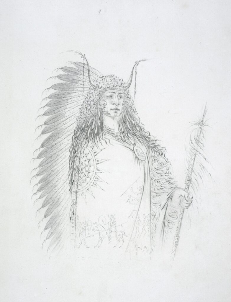 Pencil line drawing on white paper. Ee-ah-sa-pa stands wearing a blanket or cloak wrapped around himself. His torso and legs are not visable. The cloak is decorated with images of Native riders on horseback and a large sun-like design. In his only visable hand, he carries a spear or staff that seems to be decorated with feathers. His hair runs down his shoulders and has feathers in it. On his head he wears a headdress of fur with two horns and a line of large feathers going all the way down his back.