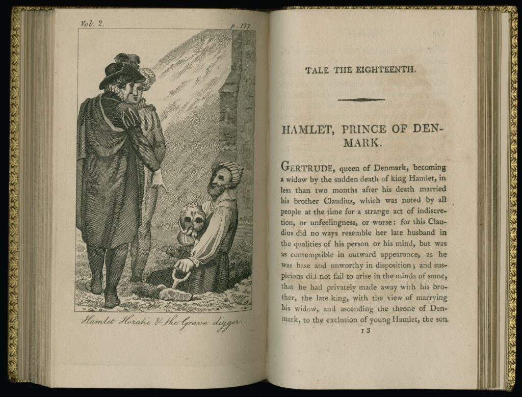 Two-page spread of opening Hamlet chapter. On the right is a page of text, on the left an etching of Hamlet and Horatio talking to the grave digger, who is holding Yorick's skull.