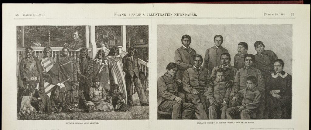 Two black-and-white images of Diné (Navajo) children giving a "before and after" of their time at an Indian school. In the left-hand image, captioned "Navajoe Indians Just Arrived," twelve children in traditional dress are outside a white, Western-style porch. Seven stand against the railing and five sit on the ground in front. In the right-hand image, captioned "Navajoe Group (in School Dress) Two Years After," eleven children in Western-style dress stand and sit for a portrait. Four stand in the back row, five sit in the middle row, and the two youngest sit in front.