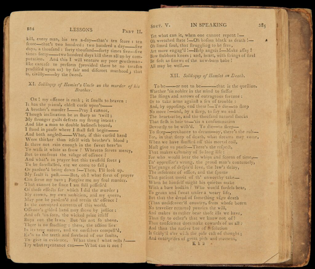 Exceprt from Lessons in Elocution, XI " Soliloquy of Hamlet's Uncle on the Murder of his Brother" and XII "Solilquy of Hamlet on Death"