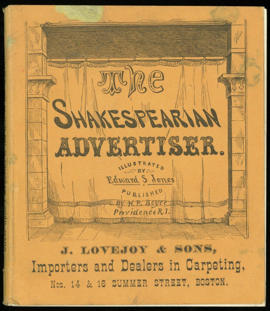 Cover of The Shakespearian Advertiser. Title is depicted on a stage curtain.