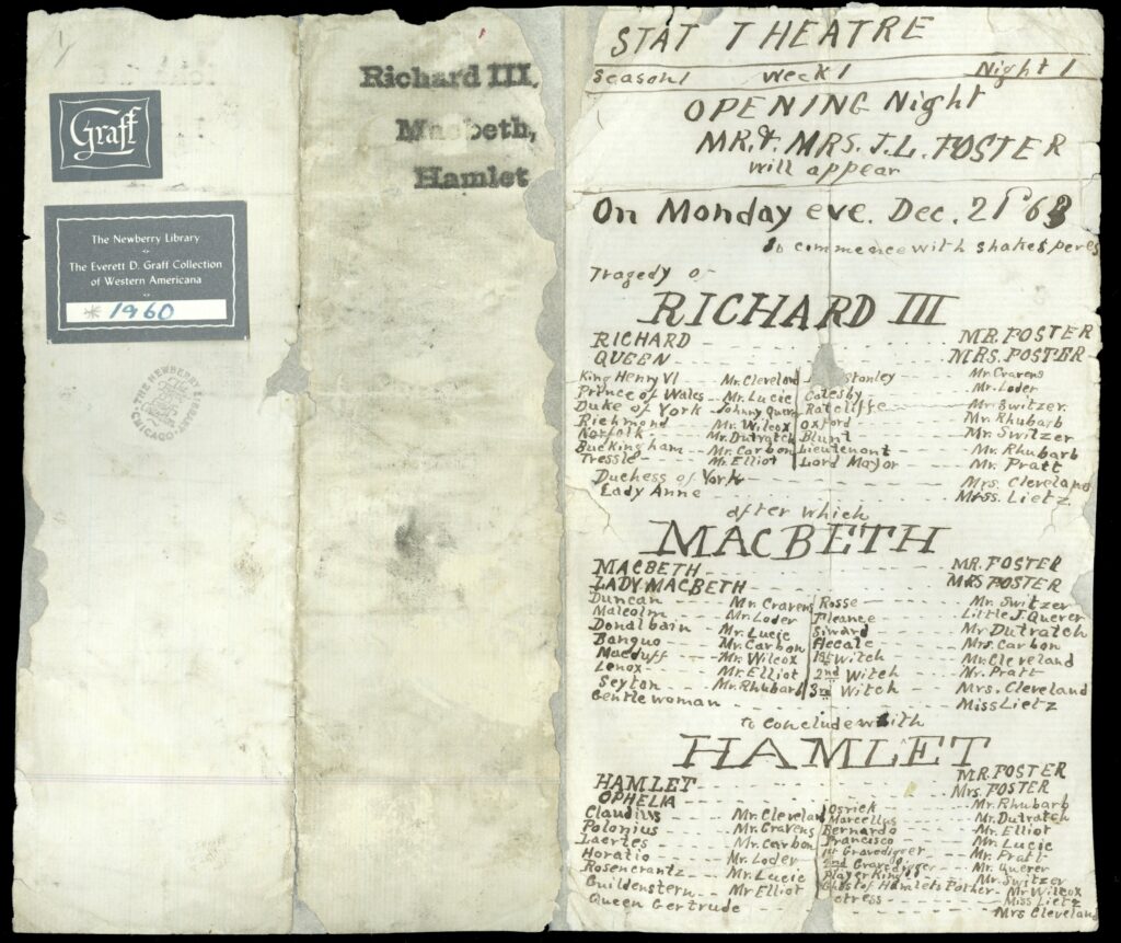 Handwritten playbill advertising Richard III, Macbeth, and Hamlet