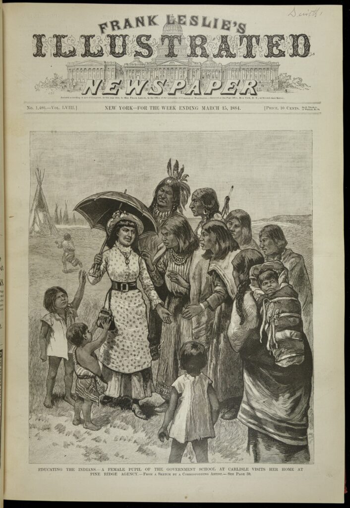 Drawing of a Navajo girl who was a student at the Carlisle school visiting her home at the Pine Ridge Agency. She wears a Western-style dress, shoes, and hat and carries a parasol. She stands in a group of Navajo people of various ages who seem impressed with her outfit.