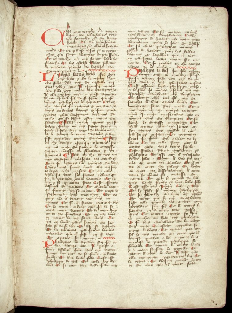 Page of illuminated manuscript with two columns of text and occassional larger red decorative letters.