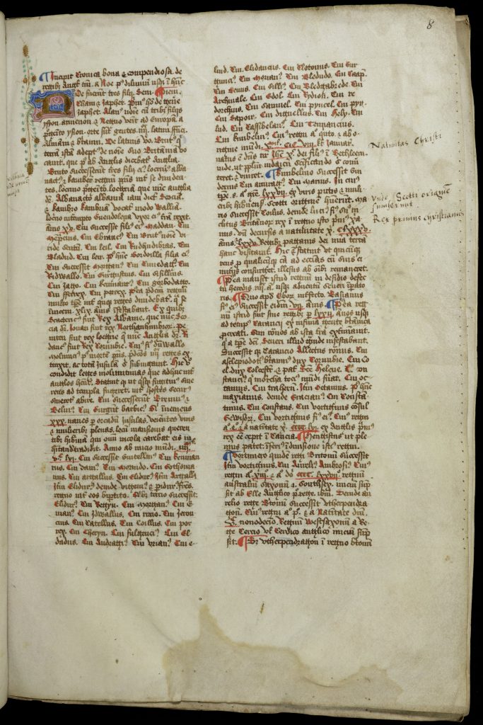 Page of illuminated manuscript with two columns of texst and three small notes written in the margins. Only illustration are vines and a decorative letter in the top right.