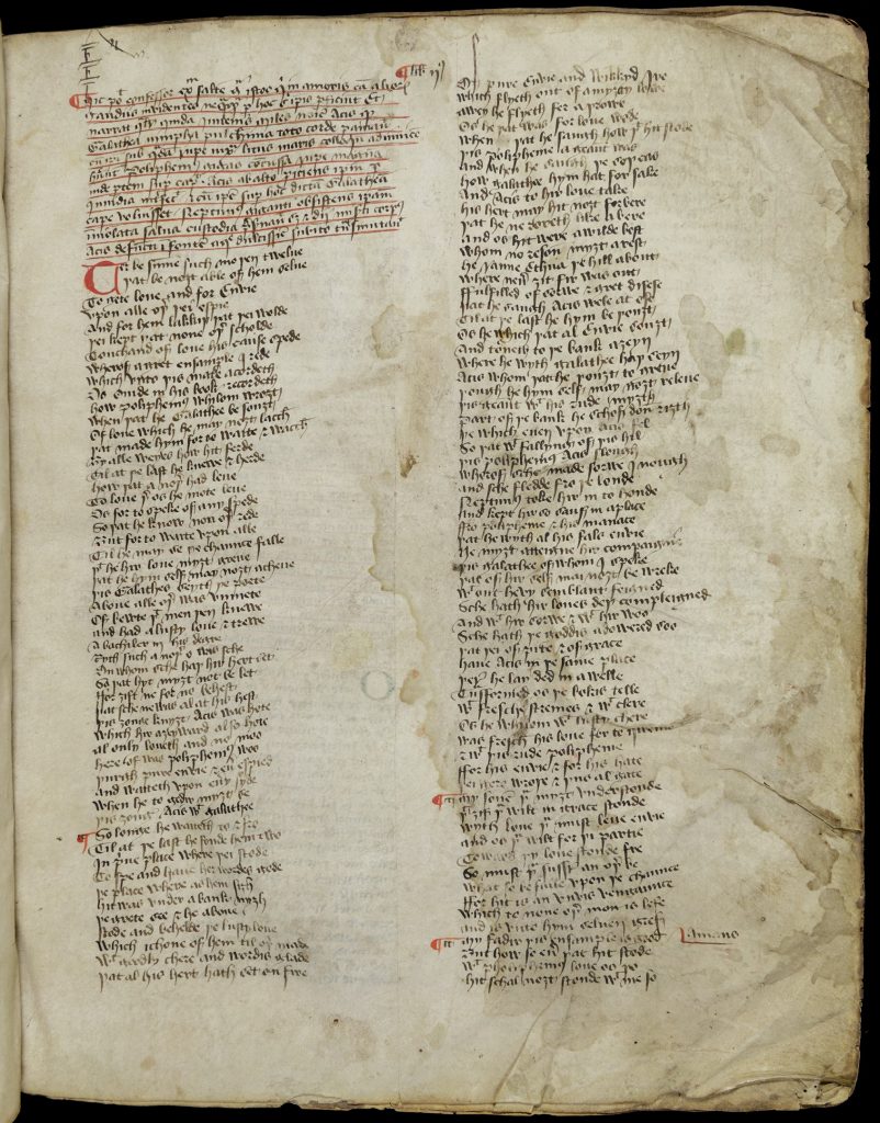 Vellum page of illuminated manuscript with two columns of text and occassional larger red decorative letters and red paragraph marks.