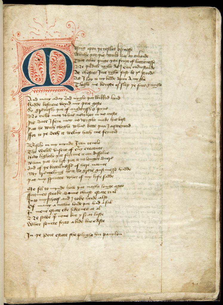 Page of illuminated manuscript with one column of text and a large decorative letter in the upper left.