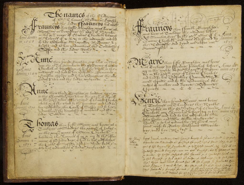 Two-page spread of handwritten text listing the children born to Sir Thomas Myldmaye.