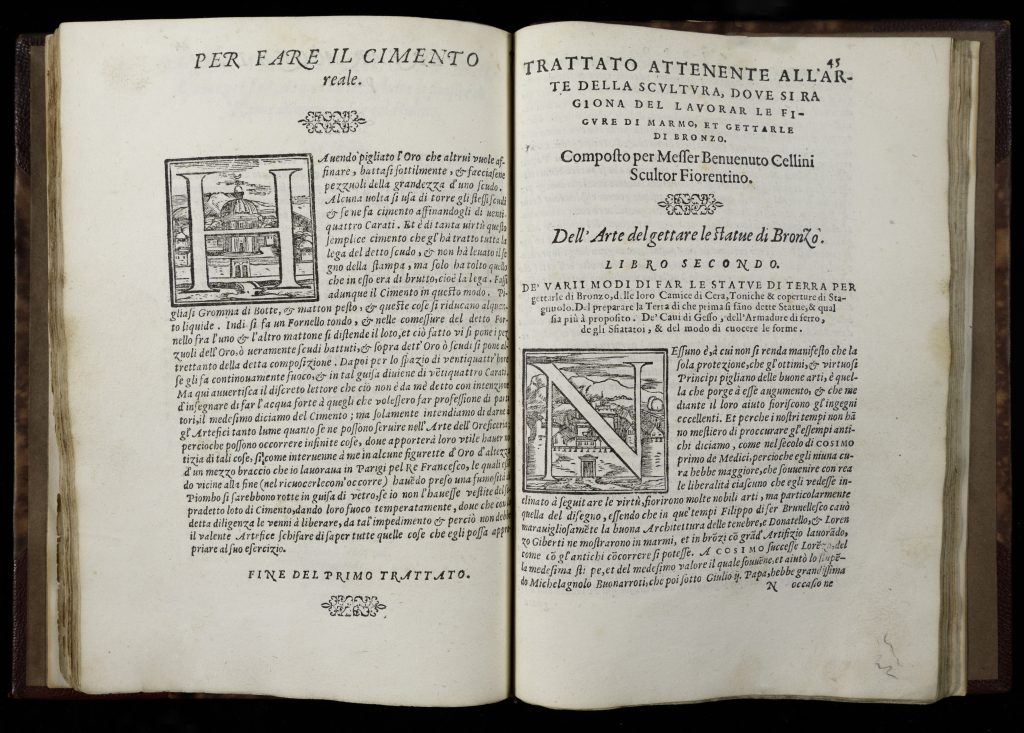 Two-page spread from an early printed book. On the left-hand page the text begins with a decorative "H" in front of a domed building. The text on the right-hand page begins with a decorative "N" in front of a walled castle.