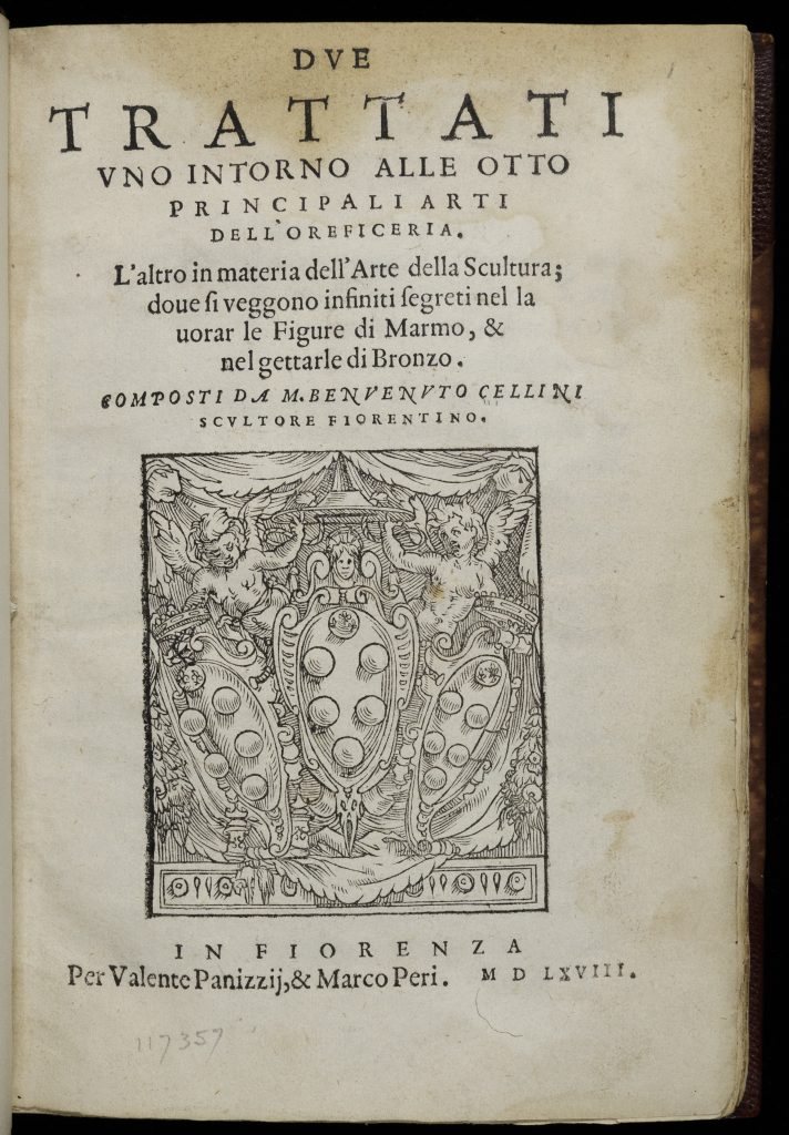 Title page of an early printed book. Below the title is an engraving of two winged cherubs holding up three large shields in a line. Each shield is a long oval and six round balls on it. Each oval rests in a border of decorative scrollwork. The cherubs hold circlets over the left and right hand shields while the center shield has a small head set in the scroll work above it.