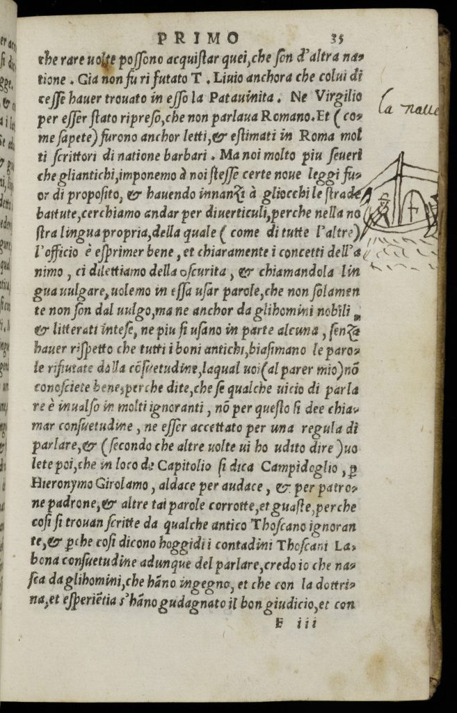 Single page from an early printed book. The text is in italics, tightly spaced, and covers most of the page. Midway down the right-hand margin someone has drawn a boat on water. The boat has a curved hull and a single mast in the middle with rigging or sails stretching off from the top to each end of the hull. At each end of the hull there is a figure holding something over the edge, possibly an oar or a rudder. There is a large semi-circular mound resting on the deck to the right of the mast.