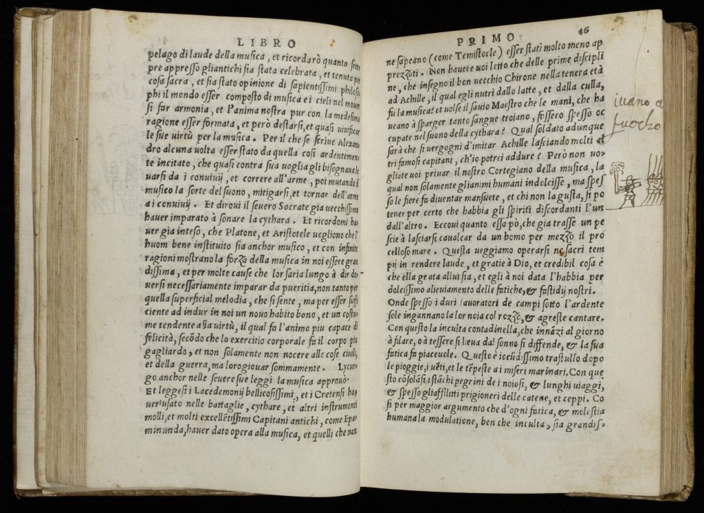 Two-page spread from an early printed book. The text is entirely in italics and takes up most of the page. in the right-hand margin of the right page is a small ink drawing of a man in a helemt pointing at three figures. The man holds something verticual with a plume at the top. The three figures also hold vertical lines, perhaps guns.