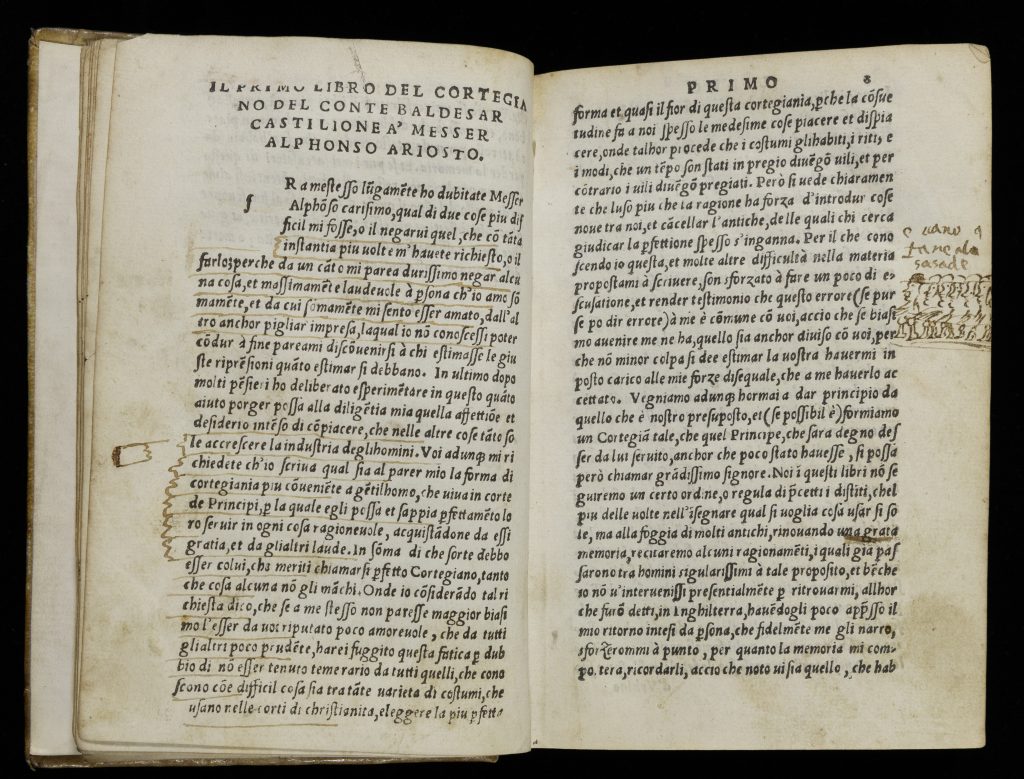 Two-page text from an early printed book. The text is in italics, tightly spaced, and covers most of the pages. On the left hand page, someone has drawn brackets around six lines of text and underlined the first few words in seven more. A hand with a pointing finger has been drawn pointing at the first brackted line. In the right-hand margin, there is a drawing of six men in profile in a line. They all wear hats with brims. The first hat is shaded in. The rest are outlines.