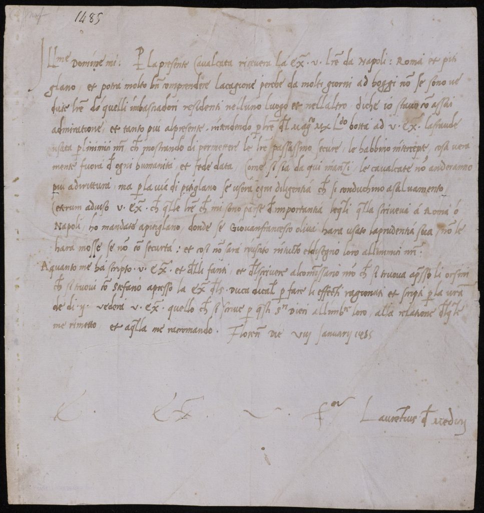 Manuscript letter on velum in faded brown ink. Lorenzo de'Medici's signature is in the bottom right.