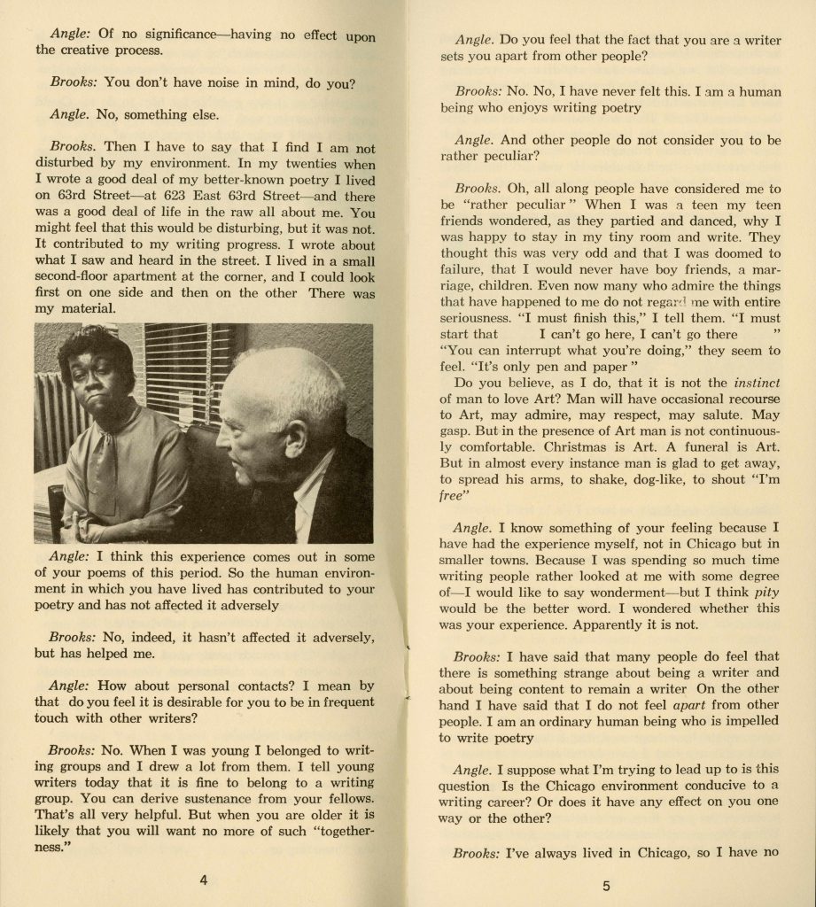 Two-page spread of printed text. On the left-hand page is a small photo of Gwendolyn Brooks (a Black woman with short hair) frowning at the camera. To the right of her in the image sits a white man in profile. The sit in the corner of a room with a window and a radiator.