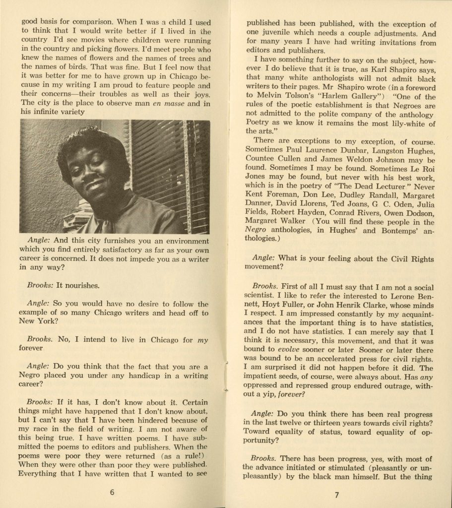 Two-page spread of printed text. In the upper left of the left-hand page is an image of Gwendolyn Brooks (a Black woman with short hair) smiling and looking down. A window and a pile of books are behind her.