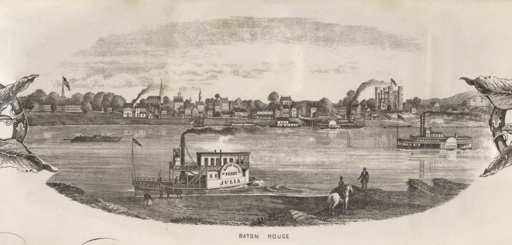 Engraved image of Baton Rouge, looking across the river. Churches, houses, and a fort stand on the far bank and steam boats move through the river.