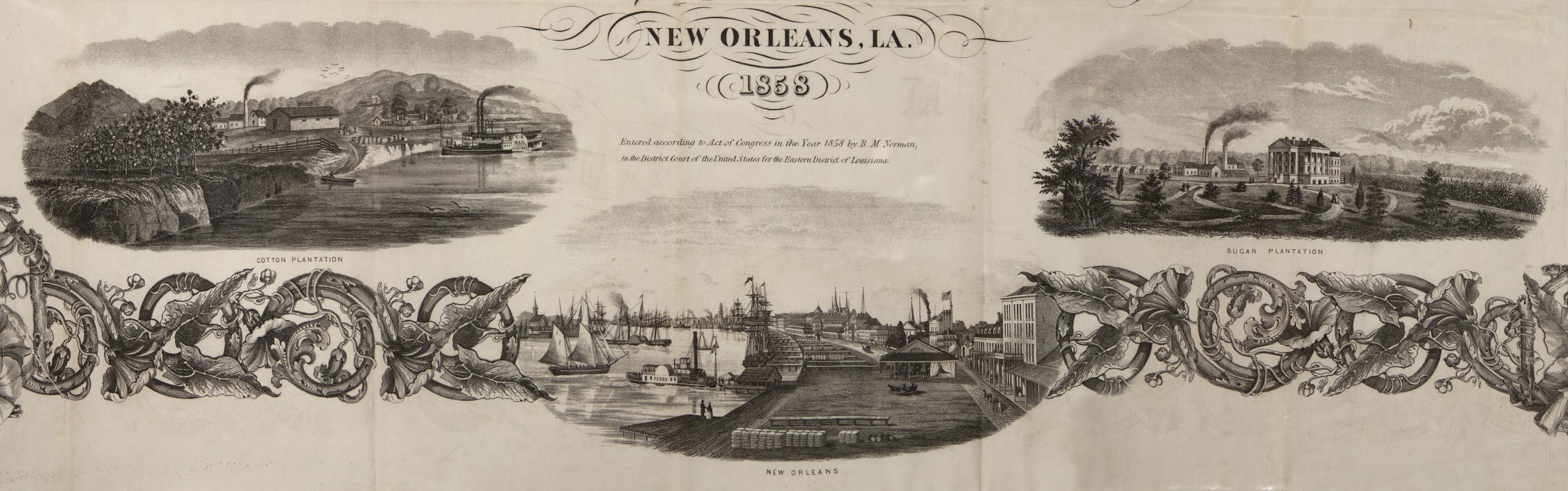 Three engraved images. The center images shows the port of New Orleans, with boats in the harbor and buildings lining the dock. The other two images show a cotton plantation (left) and a sugar planation (right). Both show grand houses with slave cabins in the distance.