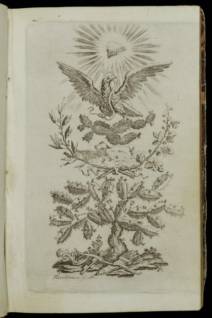 Engraving of an eagle with its wings spread. One foot rests on a semicircular bough of catus and the other holds the tail of a snake, the head of which the eagle holds in its mouth. Below the semicircle of catus, two other boughs are tied together to form a larger semicircle, the sides of which encircle the eagle. Below this is a full cactus plant, with the names of the Mexican states written on the various segements. A bow and quiver of arrows rest on the ground at the base of the cactus. Above everyhing is a liberty cap labeled "Libertad" that seems to have rays of sunlight shining from it.