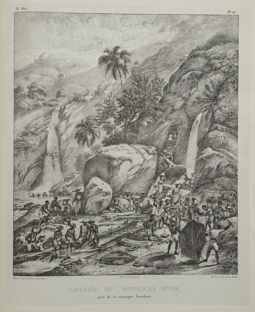 Black-and-white engraving of Black people working in the plane below a pair of waterfalls flowing down cliffs. Some carry water. Some wash large pieces of cloth or hide. Some beat these pieces of material with sticks.