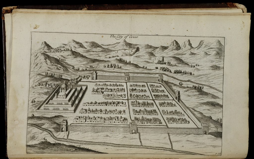 Black-and-white engraving of a walled city sitting in a valley surrounded by mountains. At the left-hand side of the city is a larged domed building sitting on three stacked terases. The other three sides of the city are enclosed by a curtain wall. Within the wall are rows of houses and streets that meet at right angles.