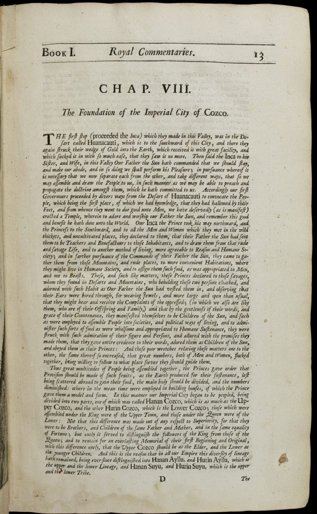 Right-hand page of a bound and printed book. Text is small and mostly in italics, except for key words with are larger and in plain text. When not ending a word, the letter "s" is written as "f." The chapter title reads "Chap. VIII: Founations of the Imperial City of Cuzco"