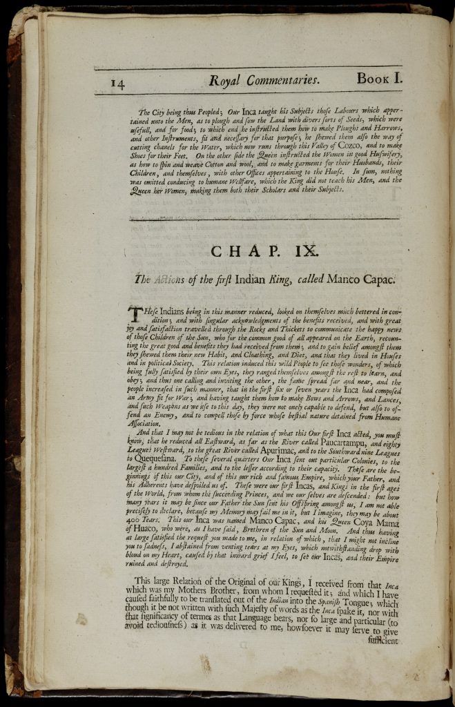 Right-leftpage of a bound and printed book. Text is small and mostly in italics, except for key words with are larger and in plain text. When not ending a word, the letter "s" is written as "f." A new chapter starts a third of they way down the page. It is entitled, "Chap. IX: Actions of the First Incan King, Called Manco Capac."