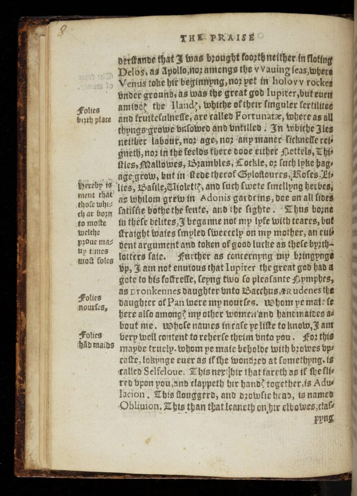 Left-hand page of a bound and printed book. Text is in a Gothic font, in antiquated English. There are four summary notes in the margin in the same font as the main text. These describe types of folies.