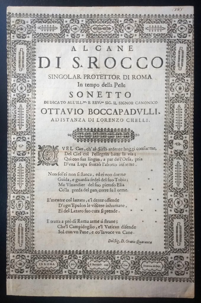 Single broadside page printed in black in Italian. Around the whole page is an elaborate border that is designed like lace or embriodery. The top half of the space within the border is taken up with the title. The bottom half contains the four stanzas of the poem. The first letter of the first stanza is a "Q" wrapped in a square of olive leaves and vines.