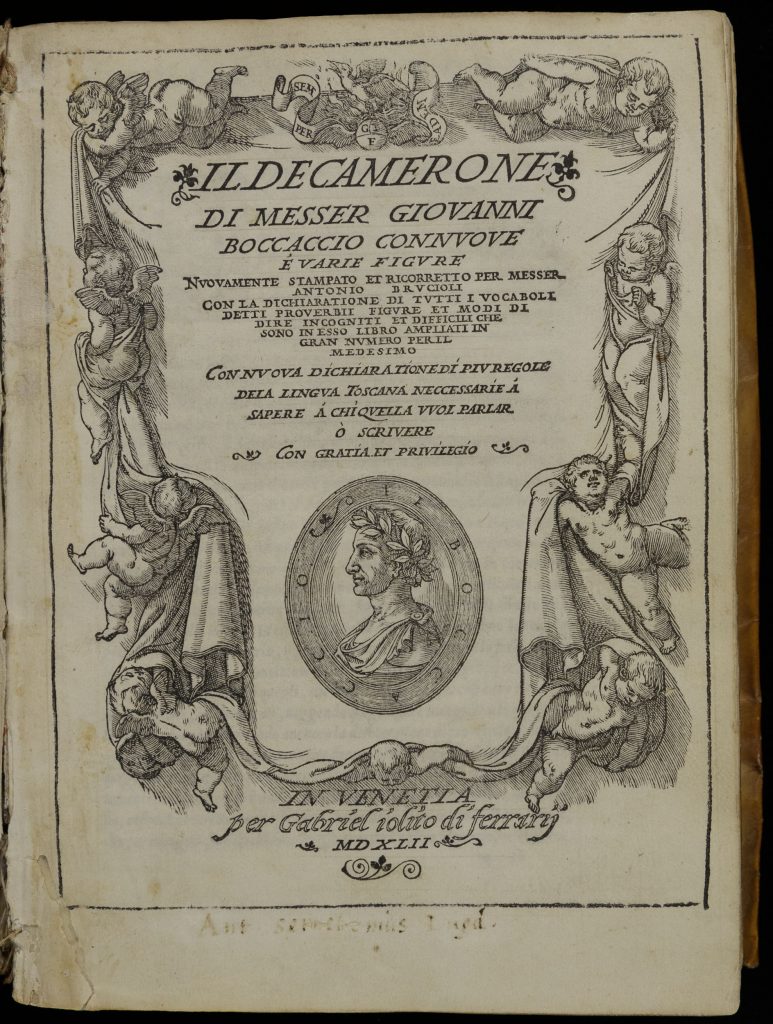 Title page of an early printed book in Italian. Text is surrounded by a border of draped fabric held in place by naked cherubs. At the top center is a phoenix standing on a winged ball. The top two-thirds of the space within the border is taken up with the title. Below this is a profile illustration of the bust of a man wearing a toga and a crown of Laruel leaves. His picture sits inside an oval frame.