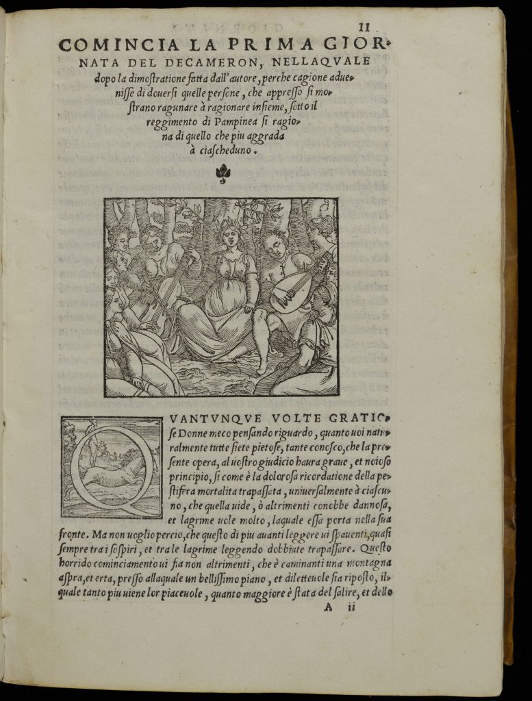 Single right-hand page of an early printed book in Italian. The bottom half of the page has a paragraph of italicized text. The first letter of the paragraph is a "Q," set into a box with an illustration. In this illustration, a horse runs across an open landscape. A naked man stands on the horse's rear end. The top half the page has the title and an illustration. This illsutration shows nine people sitting in a semi-circle in a clearning among some trees. One person plays a lute and another plays a chello-like instrument. In the center of the group is a woman wearing a flowing dress and a crown of laurel leaves.