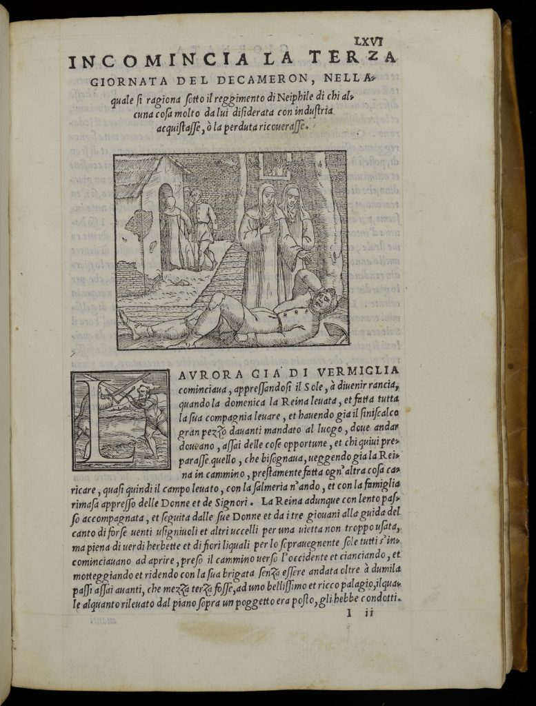 Single right-hand page of an early printed book in Italian. The bottom half of the page has a paragraph of italicized text. The first letter of the paragraph is an "L," set into a box with an illustration. In this illustration, two men duel with swords. The top half the page has the title and an illustration. This illsutration shows a courtyard with a one-story buidling in the right-hand background. Three people are entering this building. In the foreground two women wearing habits and veils stand over a man laying at their feet. The man has one hand to his head as if in pain.