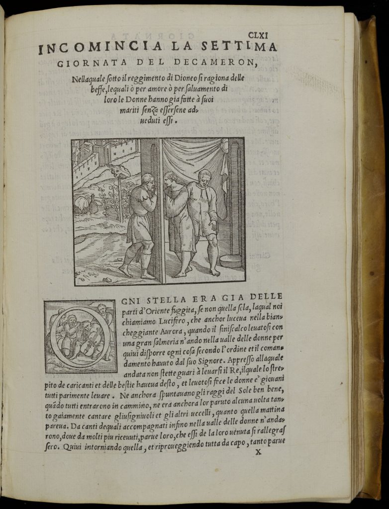 Single right-hand page of an early printed book in Italian. The bottom half of the page has a paragraph of italicized text. The first letter of the paragraph is an "O," set into a box with an illustration. In this illustration four men sit outdoors in a group. The center two play intsruments. The one on the left plays a flute and the one on the right plays a chello. The top half the page has the title and an illustration. The left-hand side of this illustration shows an outdoor scene while the right-hand side shows a cutaway the interior of a building. The wall of the buidling runs down the center of the image. It has an arched window or door in its center. There is a man on either side of the arch, and they are pressing their hands together but with the wall between them. A second man in the room lays his hand on the first man, as if in comfort. The outside scene depits a city wall with buildings behind it and a row of crops.