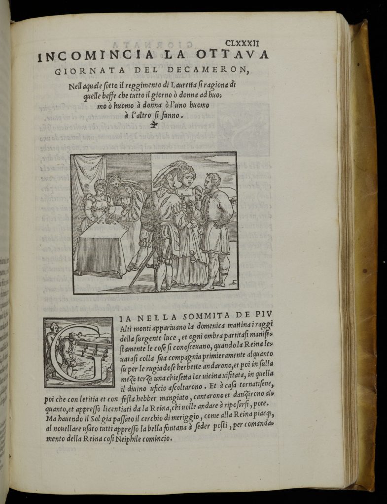 Single right-hand page of an early printed book in Italian. The bottom half of the page has a paragraph of italicized text. The first letter of the paragraph is a "G," set into a box with an illustration. In this illustration, a man on the left crouches holding a ball. In front of him on the ground are three rows of three pegs. Another man stands to his left. There is a mountain in the distance. The top half the page has the title and an illustration. This illsutration shows six nobles richly dressed in a Renaissance style. They are in a room with a large window. On the left in the backgroud, two men and a woman are at a table with a pile of coins or tokens. In the center foreground, two men and a woman stand in a group speaking.
