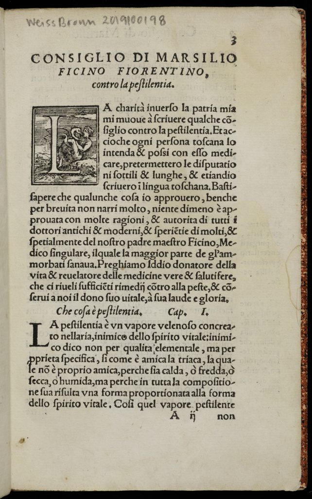 Right-hand page introducing a chanpter of the text. The first letter of the first paragrap is an illstrated "L" in a box. Behind the letter is a landscape with a city in the distance on the left. On the right in the foregroud, Leda and the swan are having intercourse.