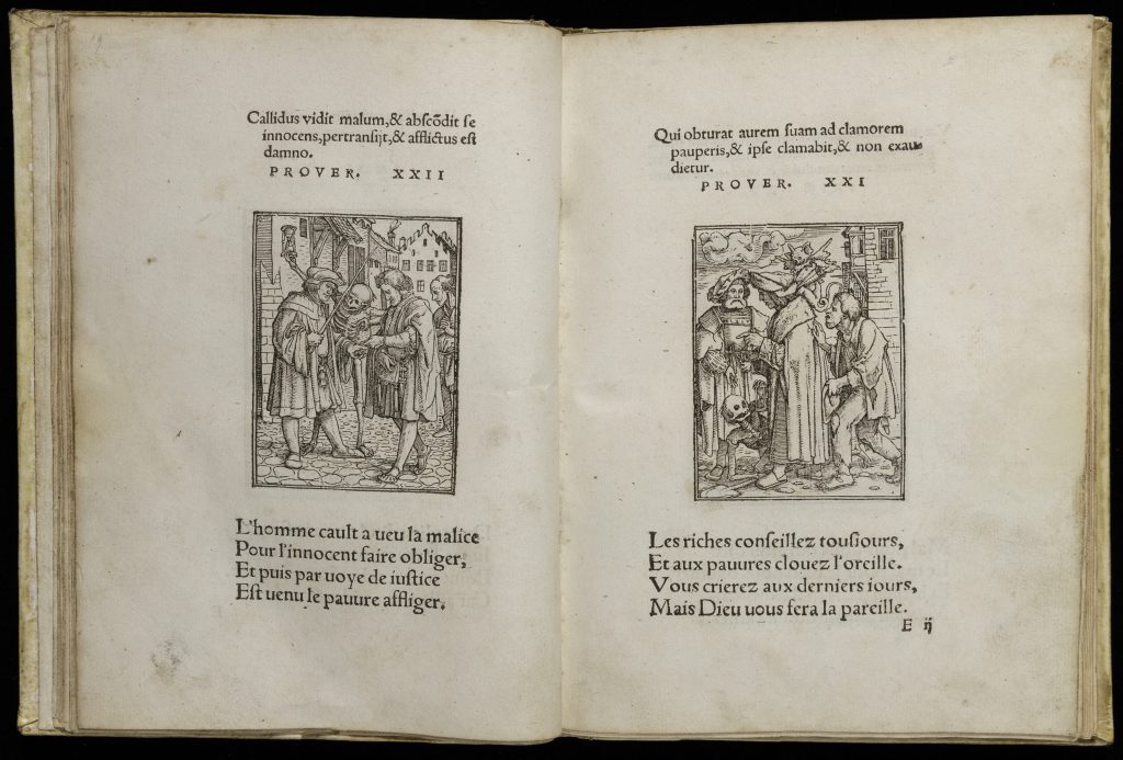 Two-page spread of an early printed book. Both pages have titles in the top thrid, four lines of text in the bottom third, and a rectanular image in the middle. In the image on the left, two men in weathly Renaissance costume face each on a city street. They seem to be exchanging something. A skeleton stands in the gap between them, looking a the man on the left. The skeleton holds an hourglass above that man's head. In the picture on the right, a man in wealthy Renaissance costume stands in the foreground facing left. Oh his shoulder is winged, imp-like creature. At his back is a poor man reaching for his shoulder. Behind both these men is another rich man watching the scene. Below their feet is a skeleton on the ground. It rests on on arm and holds up an hourglass with the other.
