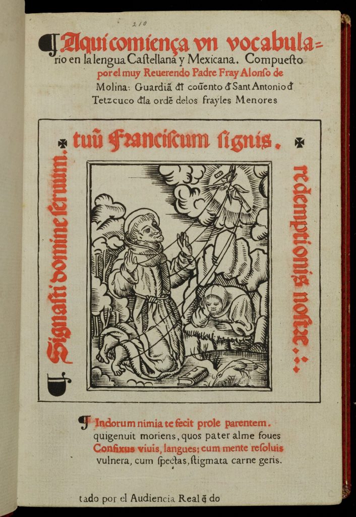 Single right-hand title page of a printed book in Spanish. Text alernates between black and red. Taking up the majority of the center of the page is a large block-printed illustration in black, within a square frame. There is a second frame around this image with red Gothic text on all four sides. This depicts a franciscan monk in plain robes with a halo. He kneels on the ground in front of a grove of trees. His hands, chest, and feet are connected by strings to an image of the crucified Christ in the sky of the upper right-hand corner. Christ's cross has wings and is surrounded by clouds. Below the clouds is a cave set into a cliff-side with the upper body of a hermit appearing from inside. Below this, in the foreground of the picture and next to the monk's knees are a bound book and a white bird with long legs and a long bill.