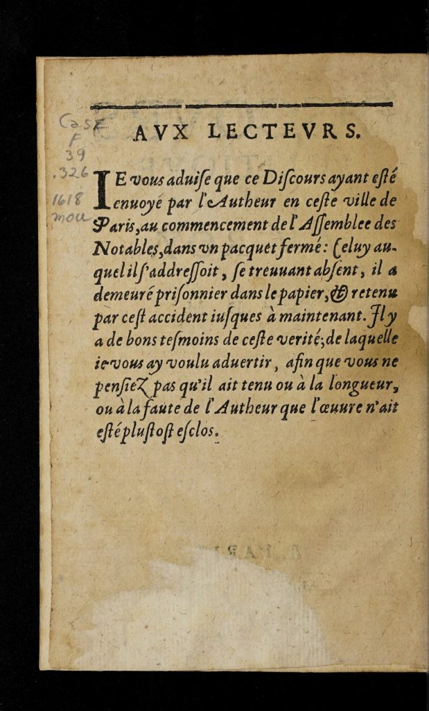 A half page of text in an italiticized font on a left-hand page. Text is in French. In the upper right is the Newberry call number written in pencil.