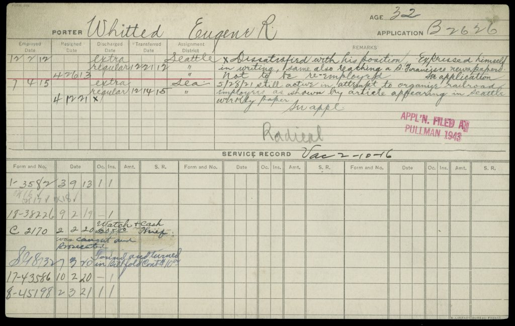 Printed card with handwritten notes in blue and black ink. Information includes the name of the porter, their age, their application number, dates the employee was hired, transfered, and/or discharged, and notes on service.