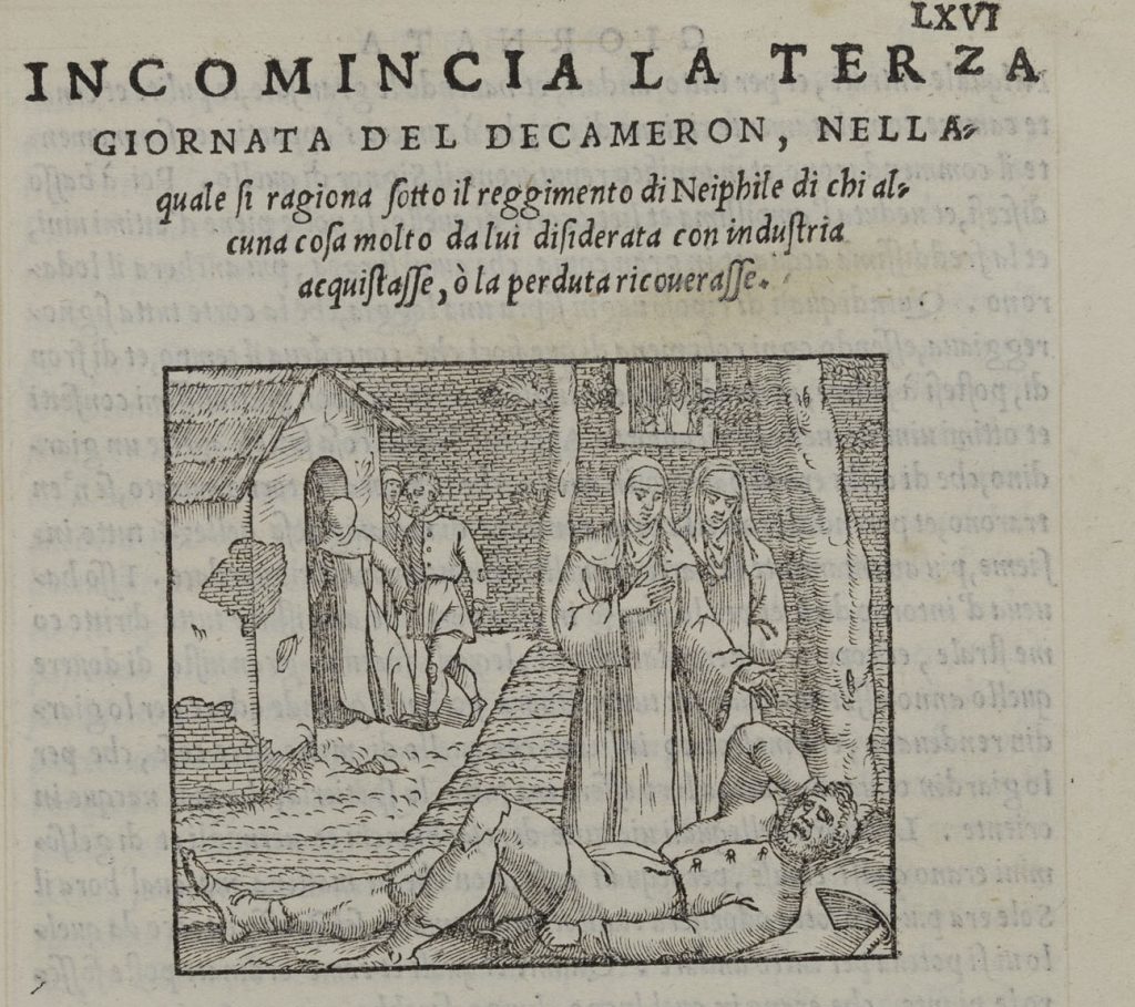 Crop of a single right-hand page of an early printed book in Italian. The top half the page has the title and an illustration. This illsutration shows a courtyard with a one-story buidling in the right-hand background. Three people are entering this building. In the foreground two women wearing habits and veils stand over a man laying at their feet. The man has one hand to his head as if in pain.