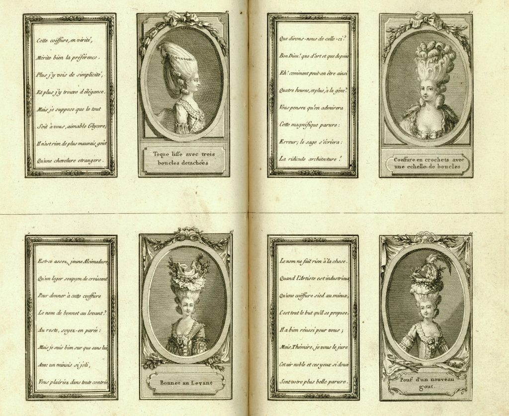 Two-page spread of with four drawings chest-up of aristocratic white women wearing late 18th-century fashions tall hairstyles, including two decorated with flowers and plants.