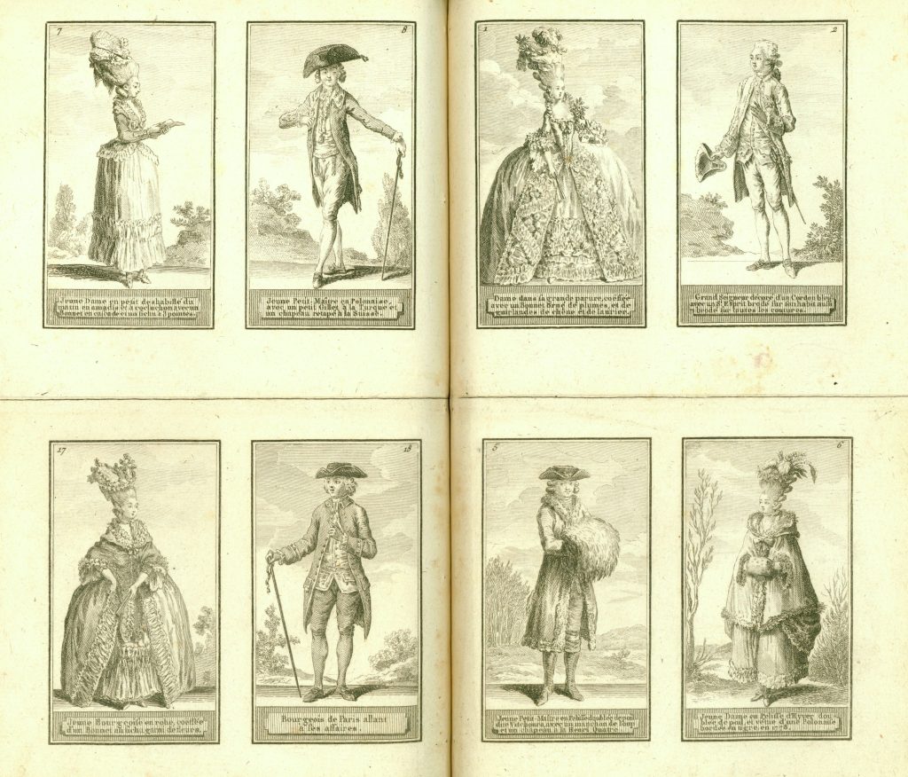 Two-page spread with eight full-length drawings of aristocratic white men and women in late 18th-century fashions. The men wear tricorn hats, and the women have tall hairstyles adorned with flowers and other decorations.