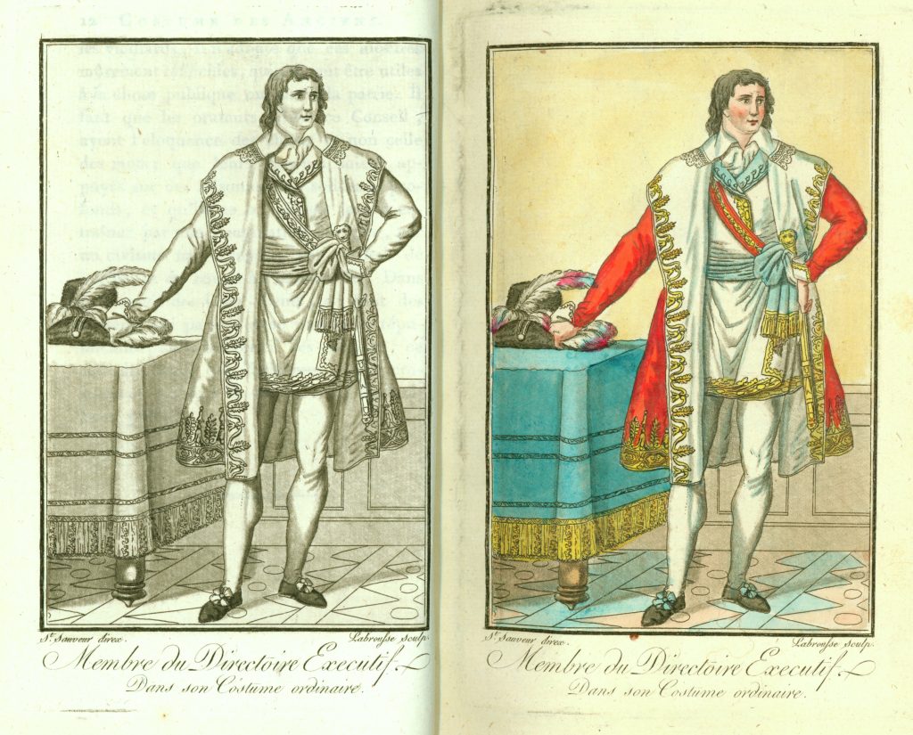 Two-page spread showing the same drawing on each page, on the left in black and white and on the right in color. The image depicts a white man standing beside a table. He wears late 18th-century stockings, shoes, and coat with a tunic and sash underneath. His hand rests on the table where he is holding a large black hat with feathers.
